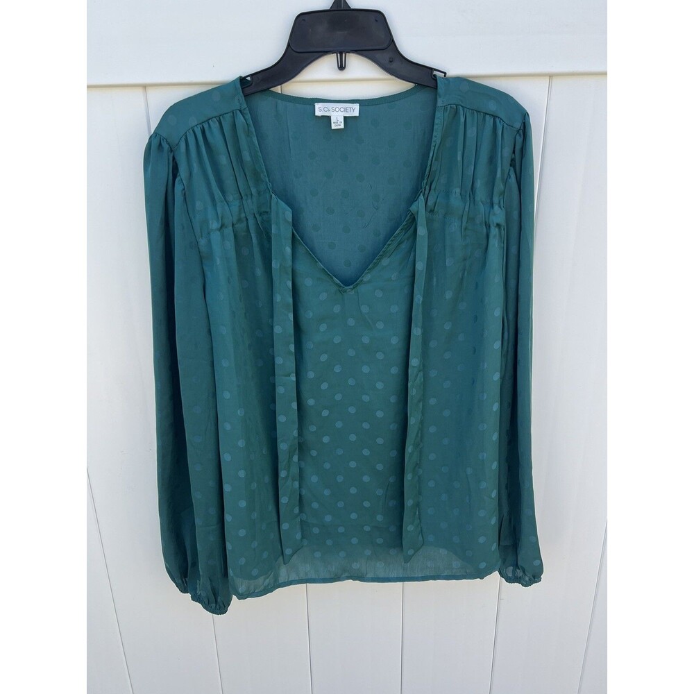 S.C. Society Womens Top Green Long Sleeve Tie Neck Sz Large Lightweight